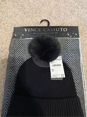 Vince Camuto Black Knit Beanie and Faux Fur Pom Scarf Set